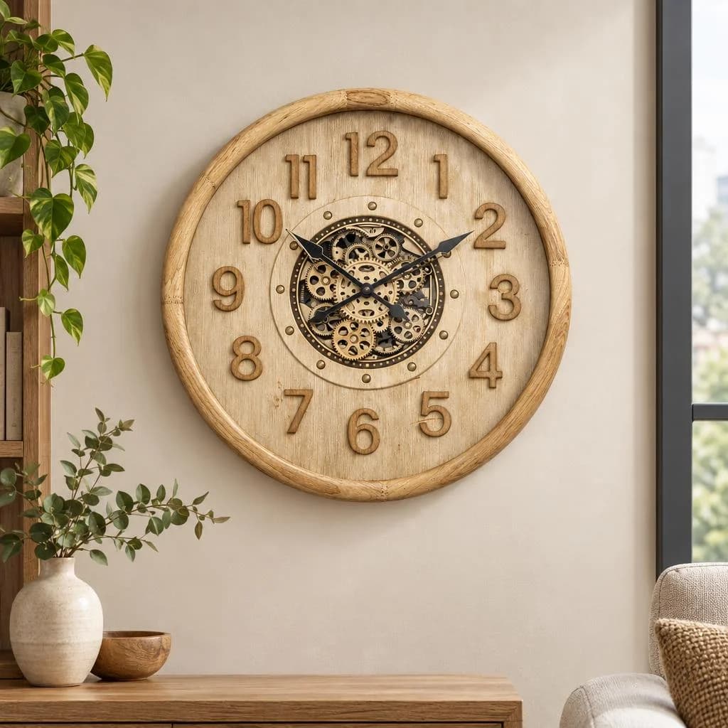שעון קיר עגול מעץ טבעי עם ספרות גדולות ועיצוב גלגלי שיניים במרכז