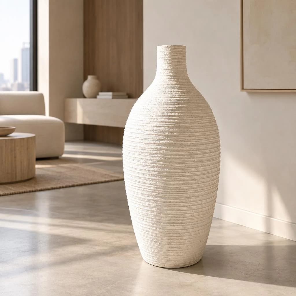 כד פולי לבן גבוה עם מרקם פסים אופקיים
